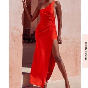 House of CB Red One-Shoulder Maxi Dress with High Slit